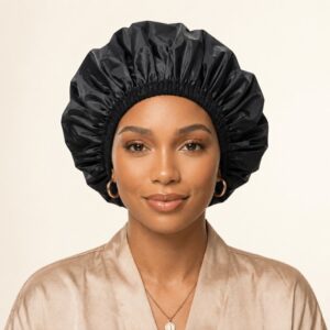 Black Waterproof Satin Lined Shower Cap